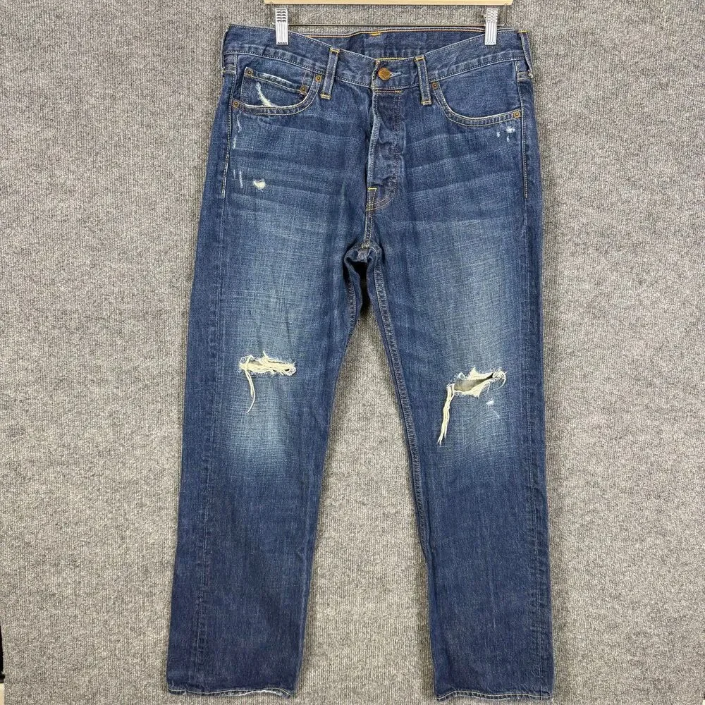 Hollister Mens Balboa Classic Straight Jeans 34x32 Distressed Ripped Button Fly
